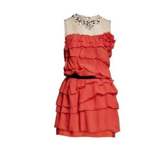 2010 LANVIN x H&M Red Silk Jewel Embellish Tiered Tulle Dress - US 6 - Picture 1 of 3